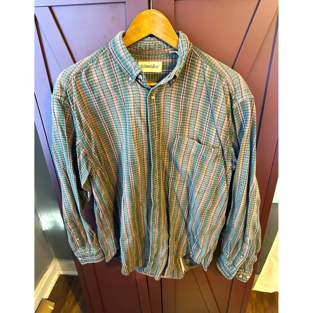 St Johns Bay Mens Medium Green Brown Striped Long Sleeve Button Up Shirt Cotton